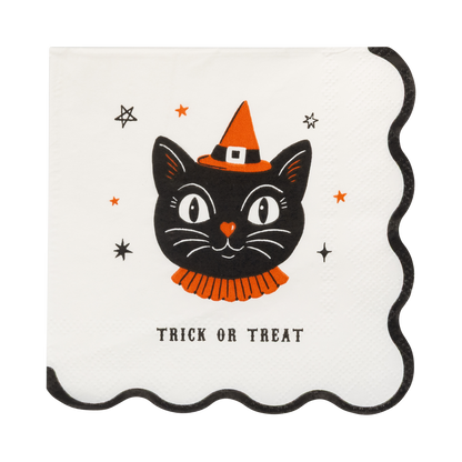 Halloween-themed cocktail napkin with a black cat wearing a witch hat and scarf, and 'Trick or Treat' text on a white background.