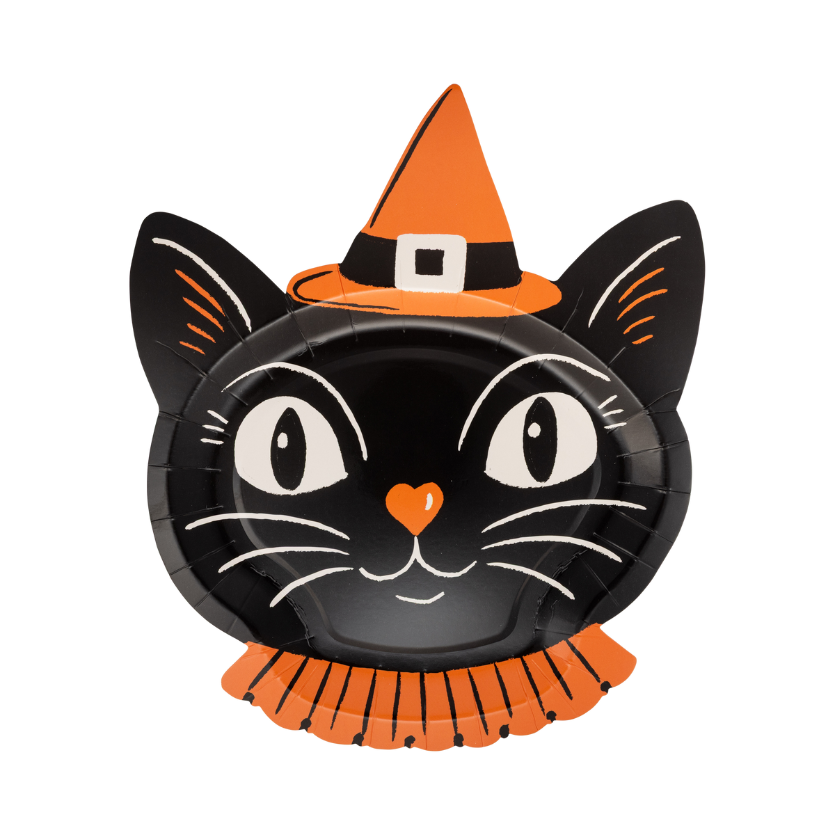 Halloween-themed paper plate with a black cat design wearing an orange witch hat on a white background.