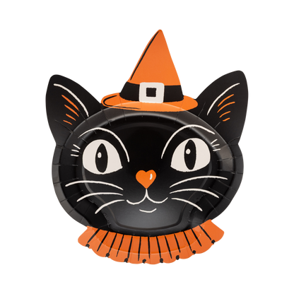 Halloween-themed paper plate with a black cat design wearing an orange witch hat on a white background.