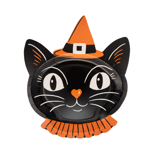 Halloween-themed paper plate with a black cat design wearing an orange witch hat on a white background.
