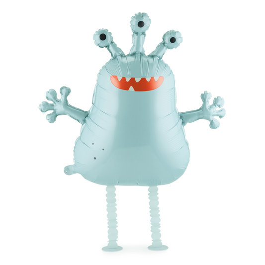 Walking alien foil balloon in soft blue with playful design and weighted feet, perfect for kids’ party decor available at our Toronto party shop.