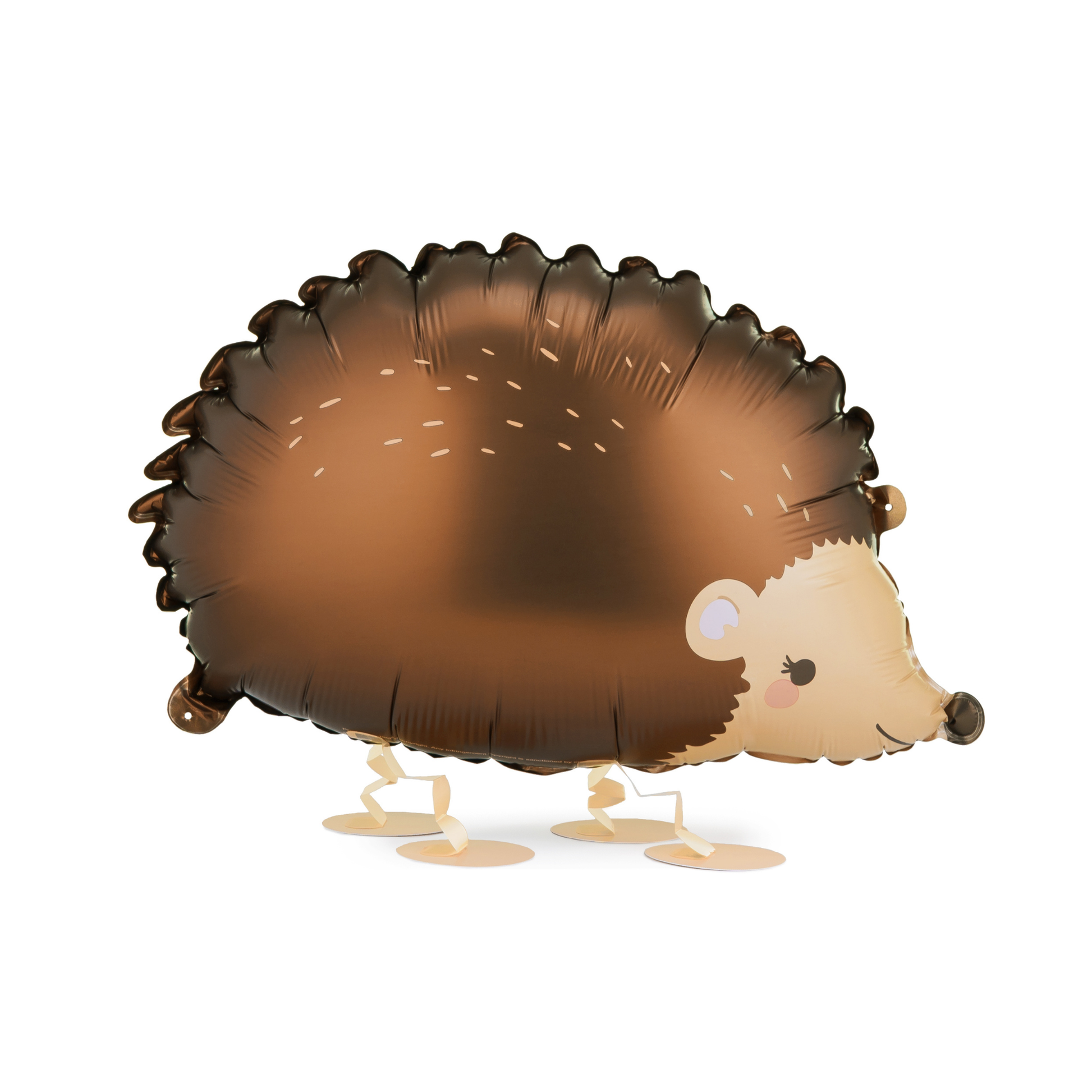 Walking hedgehog foil balloon in warm brown tones with weighted feet, perfect for woodland-themed kids’ parties available at our Toronto party shop.