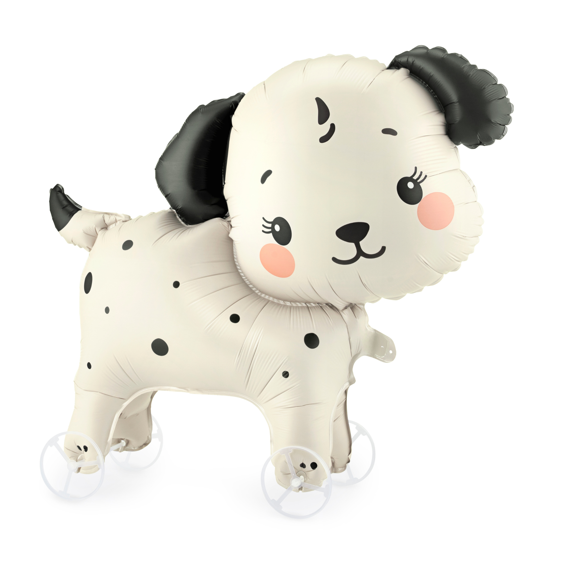 Walking puppy foil balloon with black spots and wheels, perfect for dog themed party decor available at our Toronto party shop.