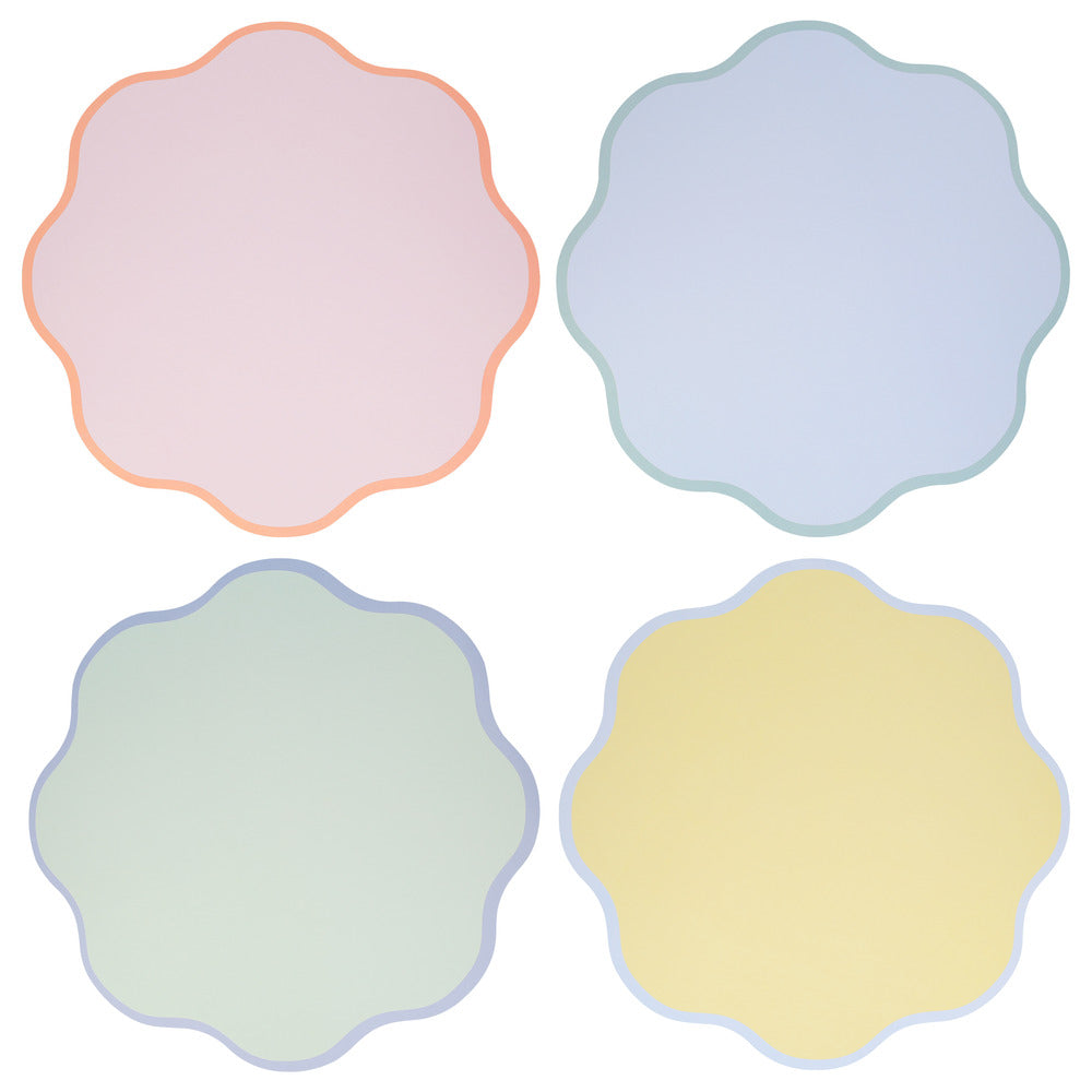 Pastel wavy round paper placemats by Meri Meri in pink, blue, mint and yellow available at our Toronto party shop