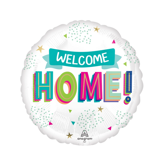 Round Welcome Home foil balloon with colourful letters and confetti design, available from our Toronto party and gift shop.