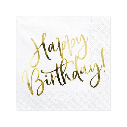 white napkins with happy birthday in gold lettering