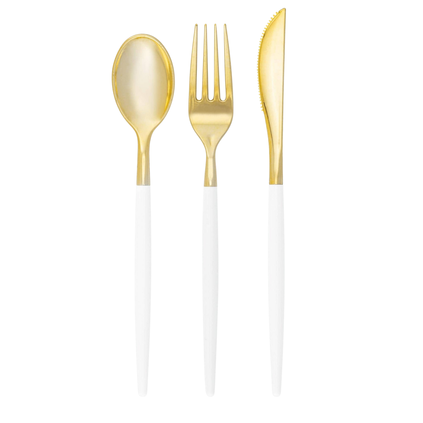 White and gold modern cutlery set including spoon, fork and knife from Confetti My Party Toronto. Ships Canada wide and USA.
