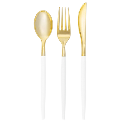 White and gold modern cutlery set including spoon, fork and knife from Confetti My Party Toronto. Ships Canada wide and USA.