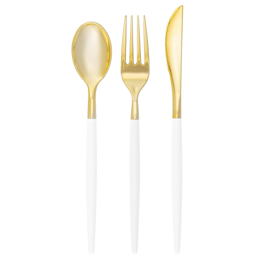 White and gold modern cutlery set including spoon, fork and knife from Confetti My Party Toronto. Ships Canada wide and USA.