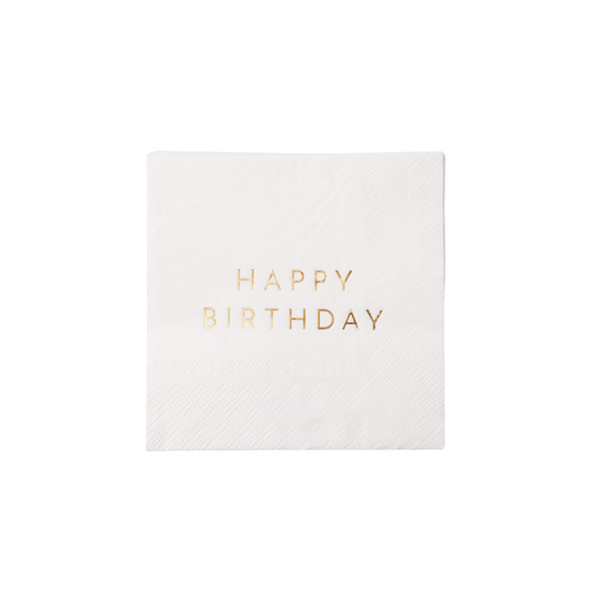 Single white cocktail napkin with gold foil “Happy Birthday” text, sold at Confetti My Party Toronto.