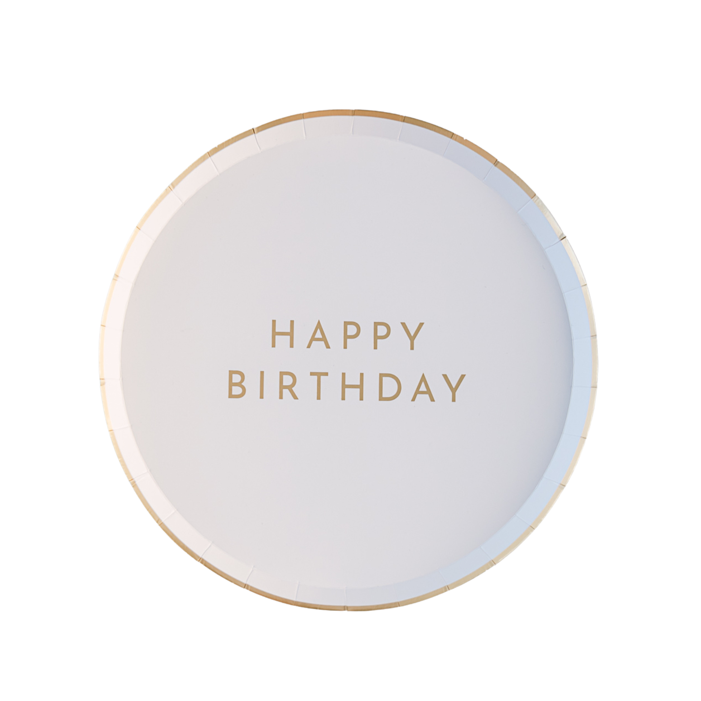 White and gold Happy Birthday party plate set with matching cup and napkin sold at Confetti My Party Toronto.