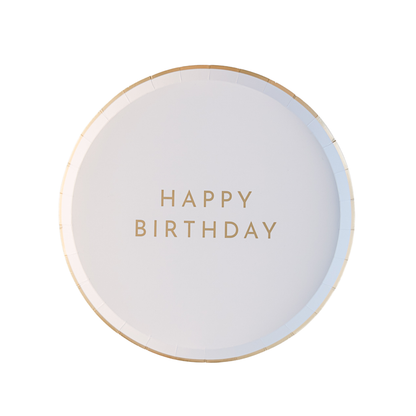 White and gold Happy Birthday party plate set with matching cup and napkin sold at Confetti My Party Toronto.