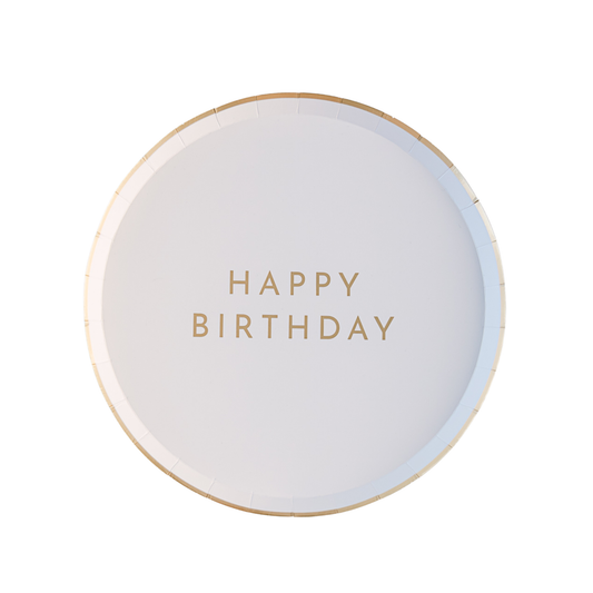 White and gold Happy Birthday party plate set with matching cup and napkin sold at Confetti My Party Toronto.