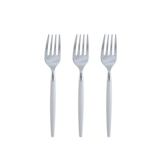 Silver and white modern dessert forks from Confetti My Party in Toronto, perfect for stylish parties and dessert tables.