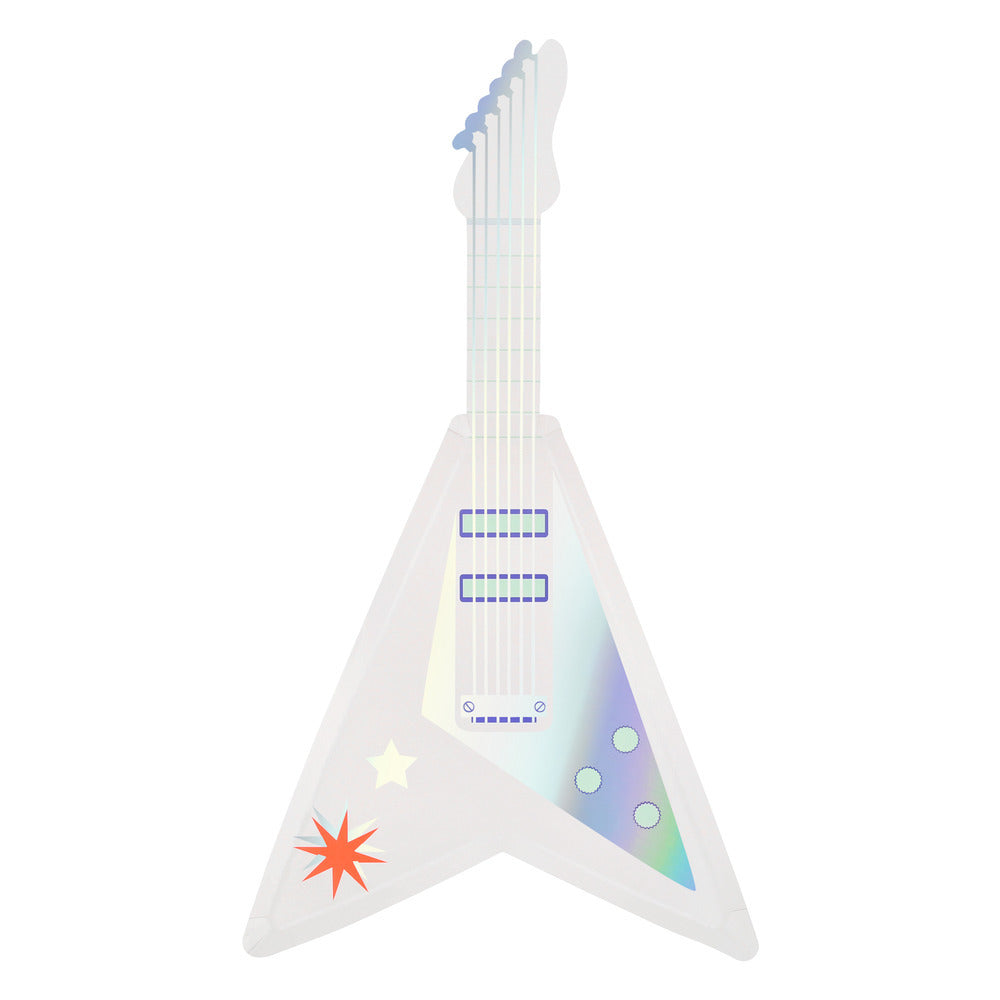 Iridescent white Meri Meri electric guitar shaped party plate with holographic detail, available at our Toronto party shop.