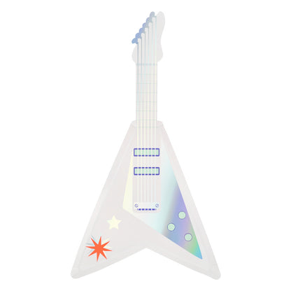Iridescent white Meri Meri electric guitar shaped party plate with holographic detail, available at our Toronto party shop.