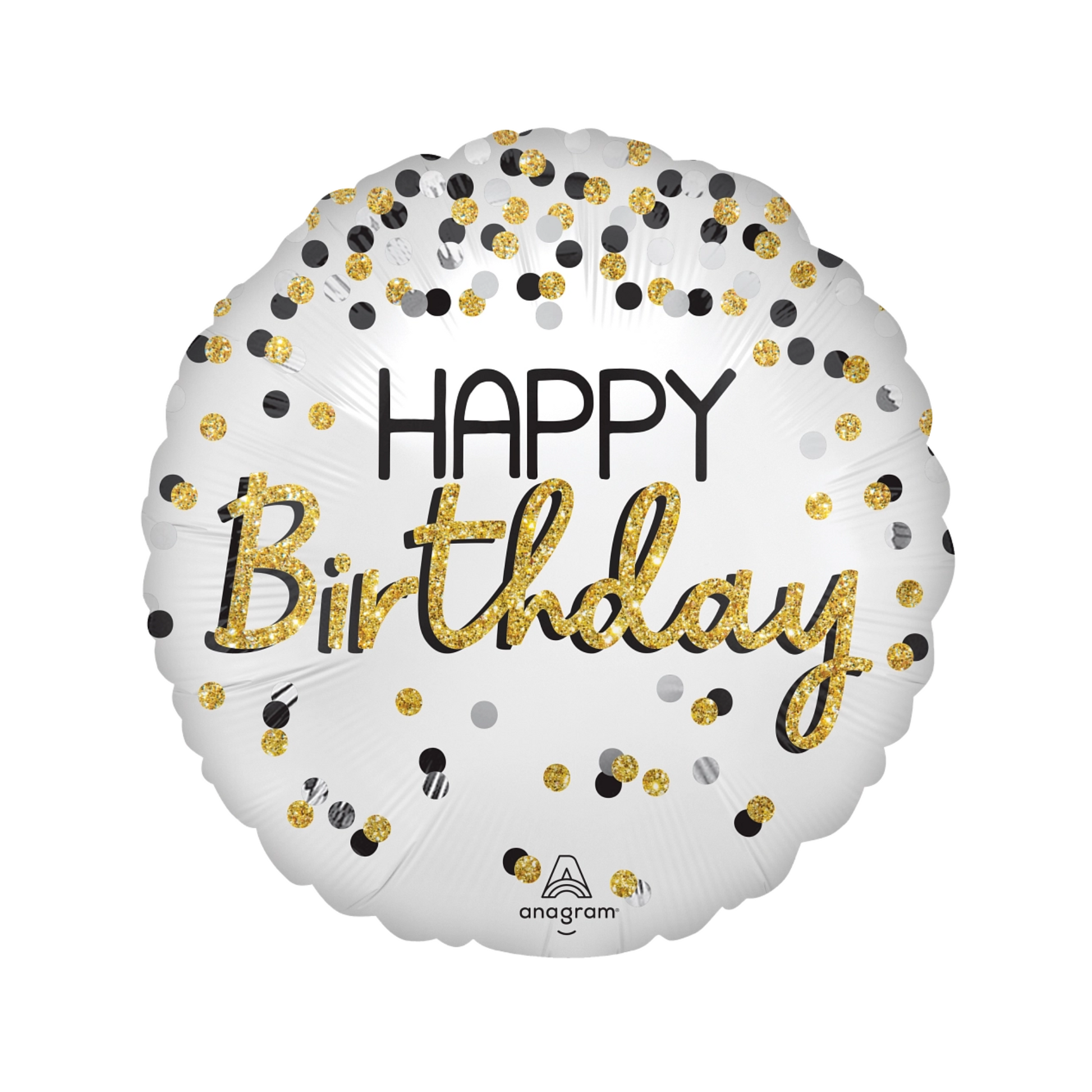 Round foil balloon with white background, gold glitter confetti, and ‘Happy Birthday’ text, ideal for elegant birthday parties, available in Toronto and shipping across Canada.