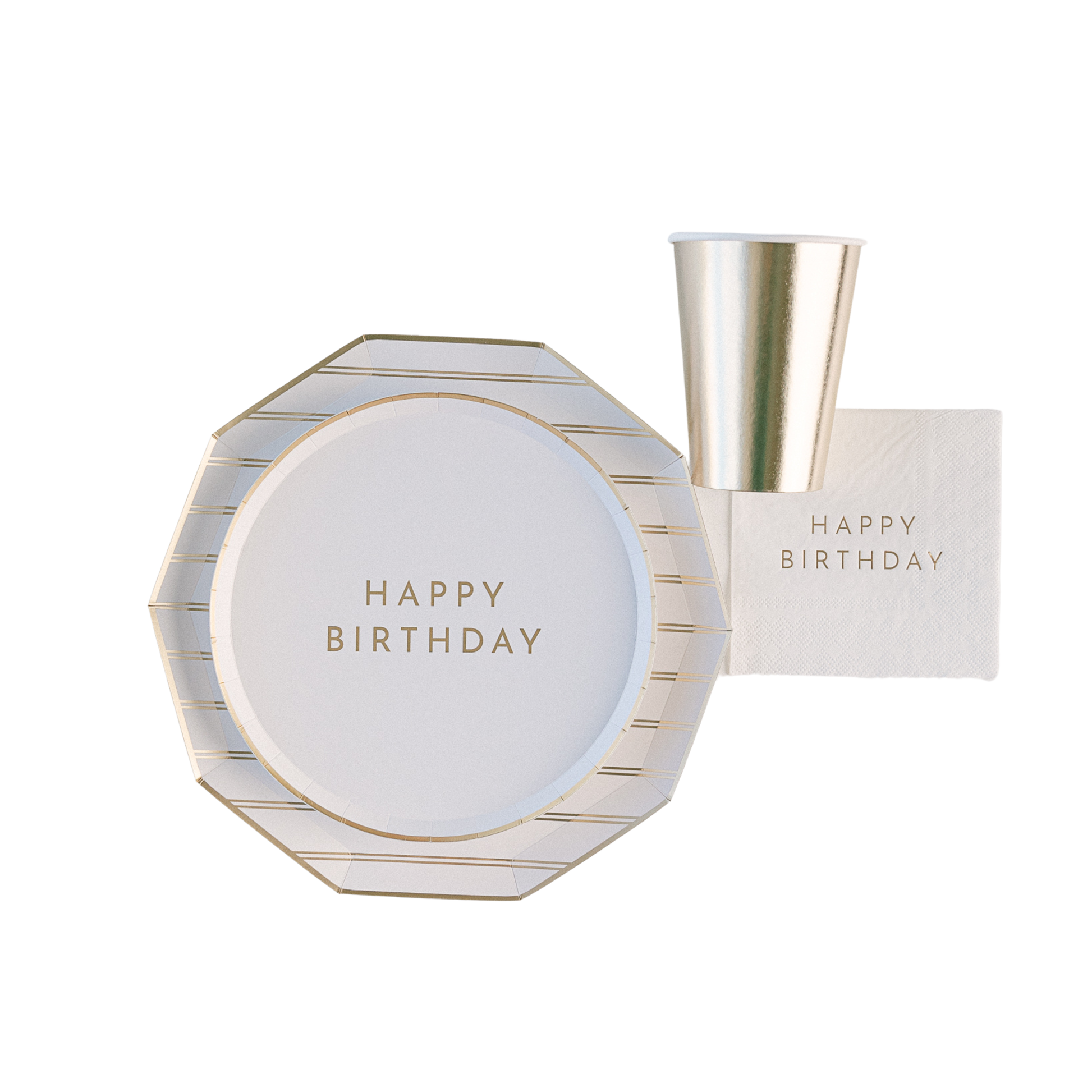 White round Happy Birthday plate with gold foil lettering sold at Confetti My Party Toronto.
