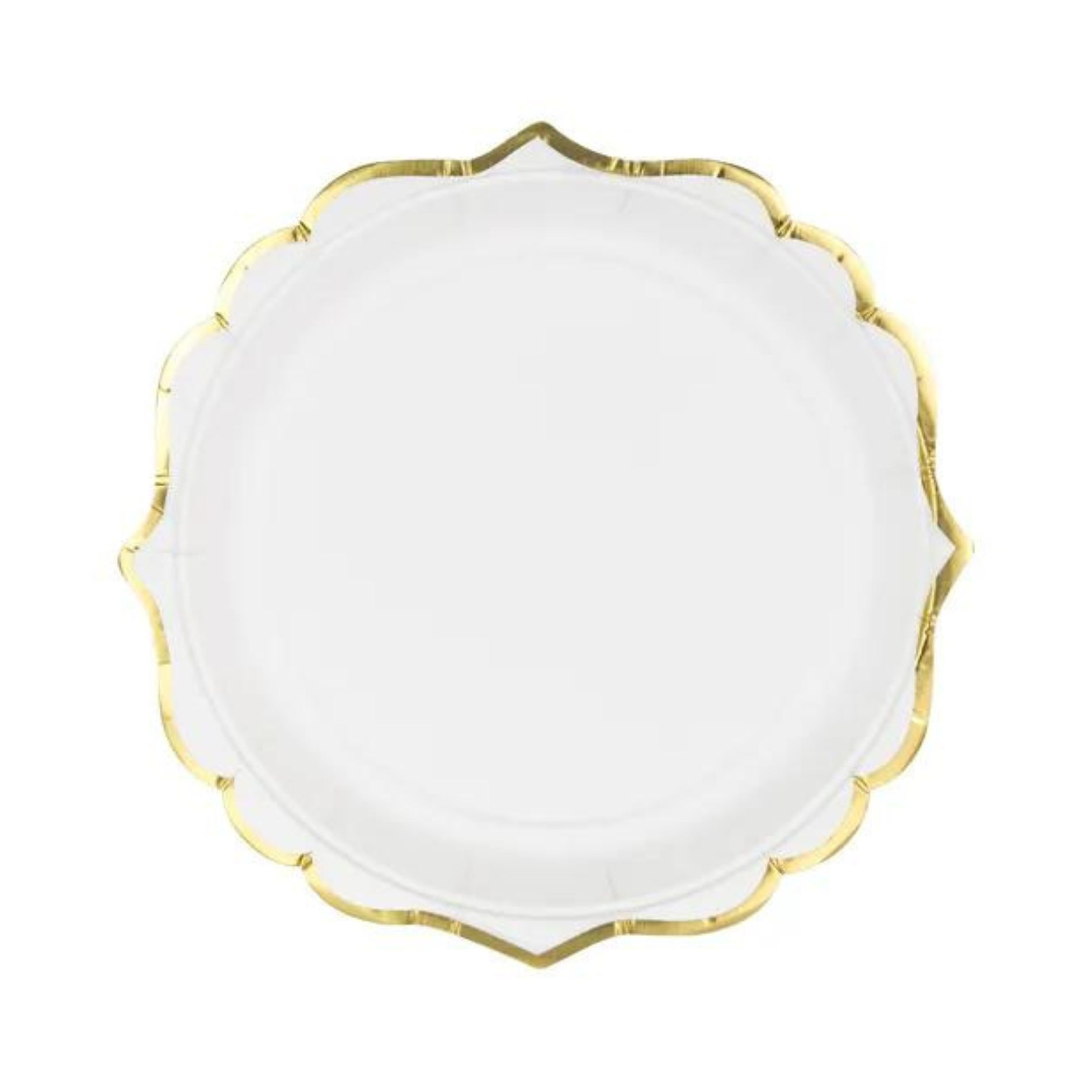 white paper plate with gold scalloped edge