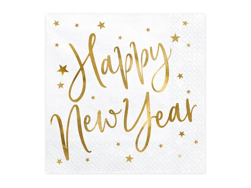 white and gold "happy new year" napkins