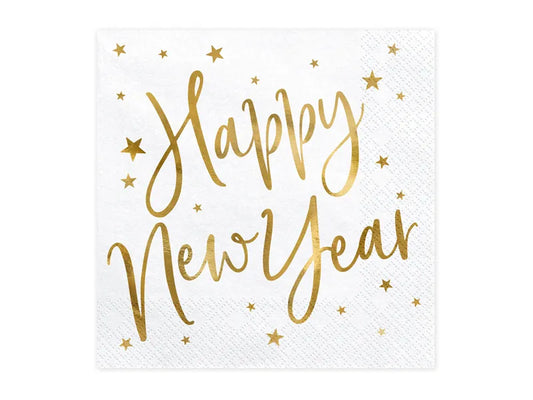 white and gold "happy new year" napkins