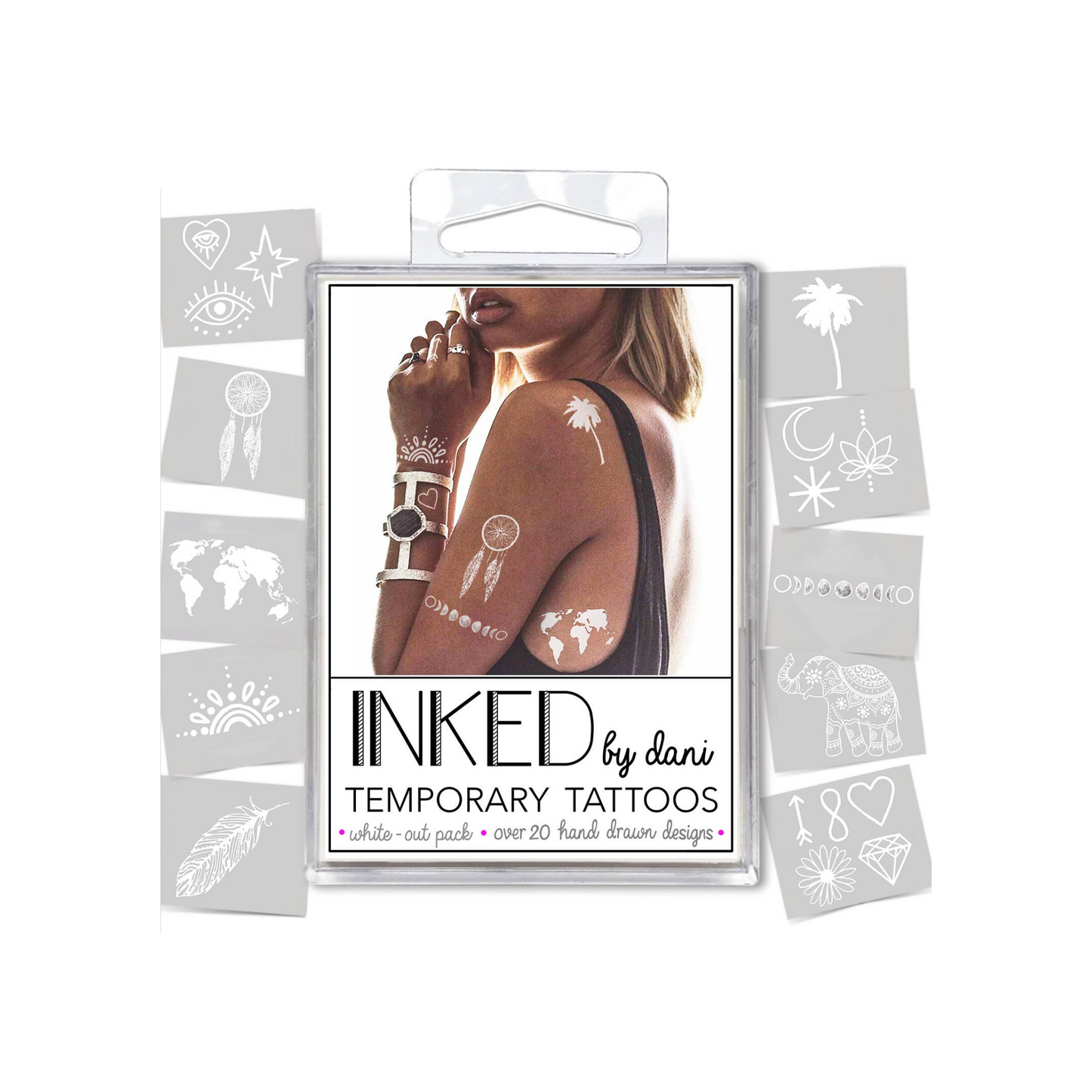 temporary tattoo pack featuring white ink designs