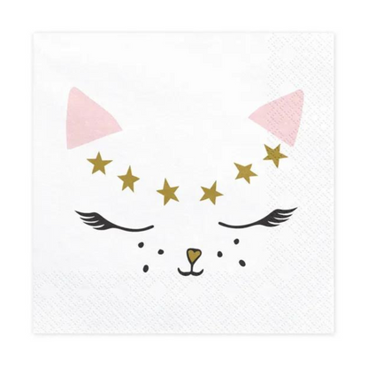white napkins with kitty face illustration