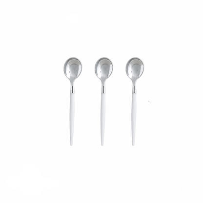 WHITE & SILVER REUSABLE MINI SPOONS | 20 PIECES