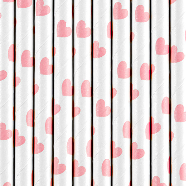 white paper straws with pink hearts