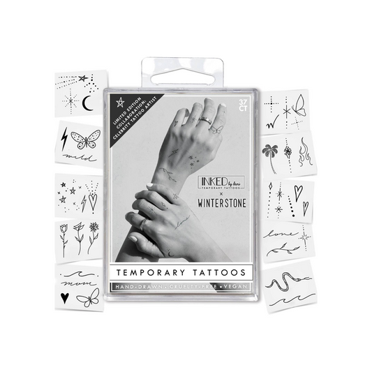 hand drawn, cruelty free and vega temporary tattoo featuring floral, heart and butterfly designs