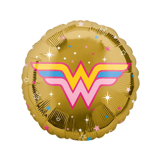 wonder women logo balloon with stars - pinks, blue, yellow and gold