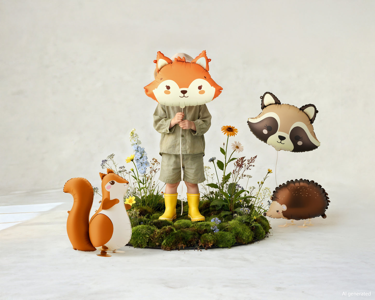 Woodland animal balloon party setup with squirrel, fox, raccoon, and hedgehog balloons styled around a child, available at our Toronto party shop.