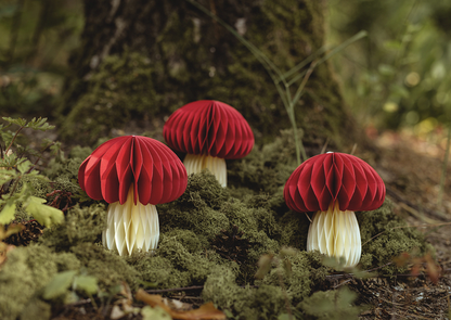 Set of woodland-style red honeycomb mushroom decorations placed outdoors, available in Toronto and shipping Canada-wide.