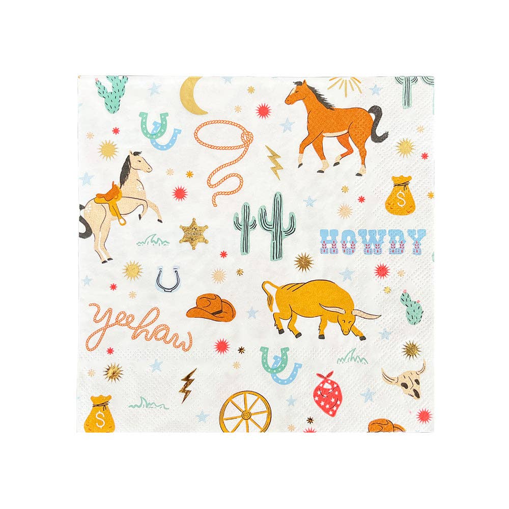 Yeehaw large cowboy napkins with western-themed illustrations, shipping across Canada.