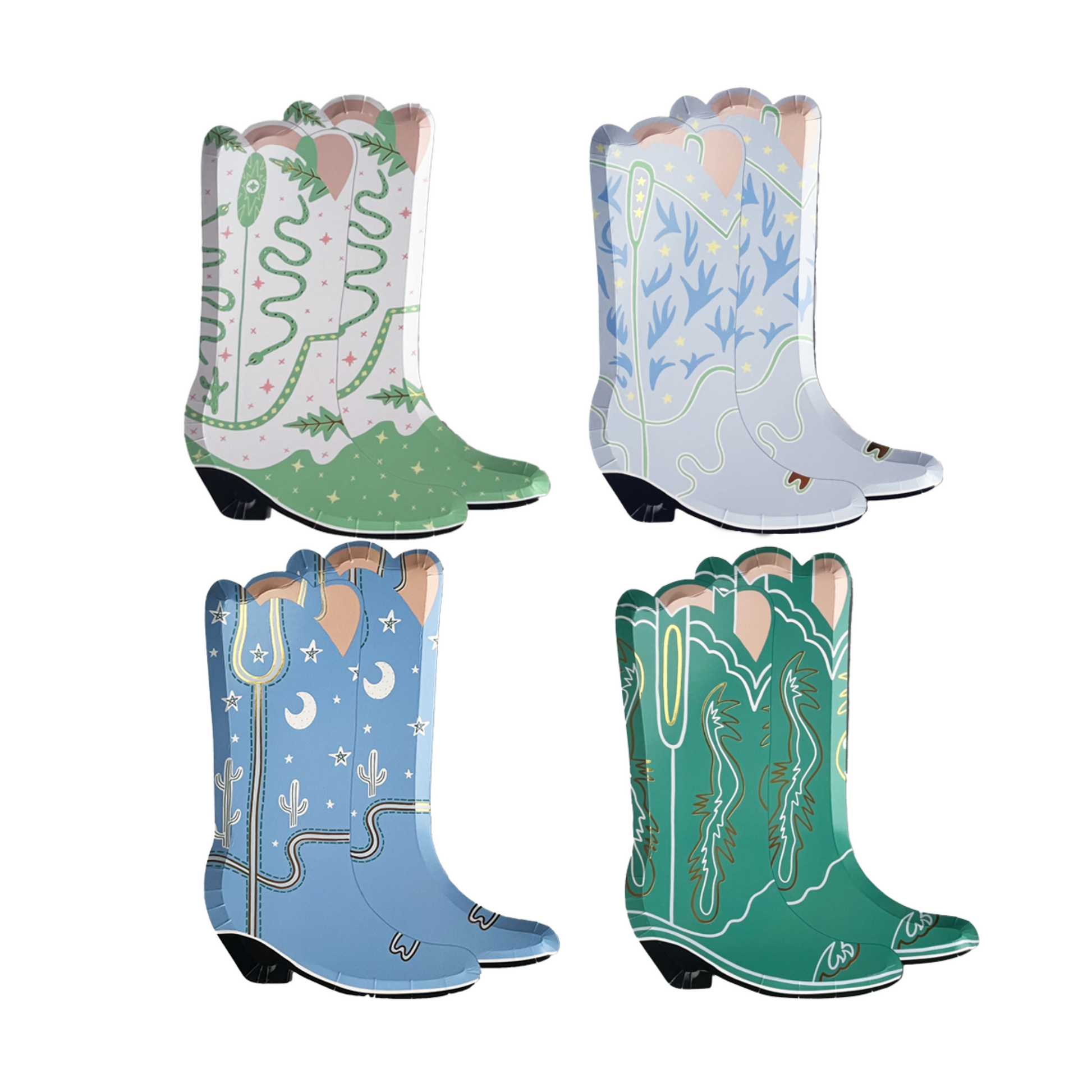 Set of four Yeehaw large cowboy boot-shaped party plates in green, light blue, teal, and white with colourful western designs, perfect for western-themed celebrations in Toronto.