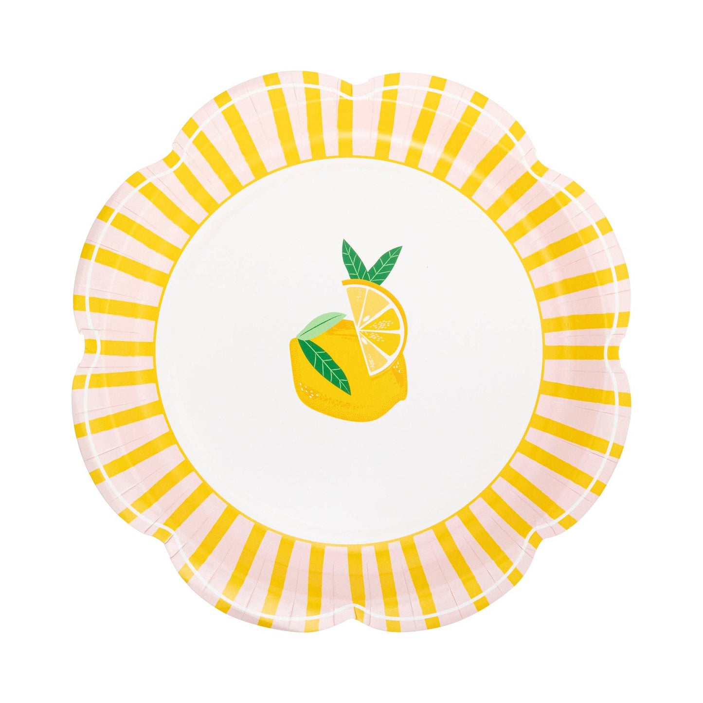Yellow and pink striped scalloped paper plate with lemon illustration, perfect for summer parties and brunches in Toronto.
