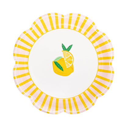 Yellow and pink striped scalloped paper plate with lemon illustration, perfect for summer parties and brunches in Toronto.