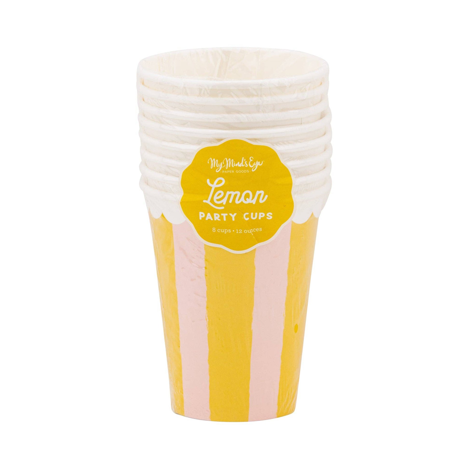 Stack of yellow and pink striped paper cups with Lemon Party Cups label, ideal for Toronto summer parties and picnics.