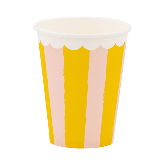 Yellow and pink striped paper party cup with scalloped white rim, perfect for summer gatherings and events in Toronto.