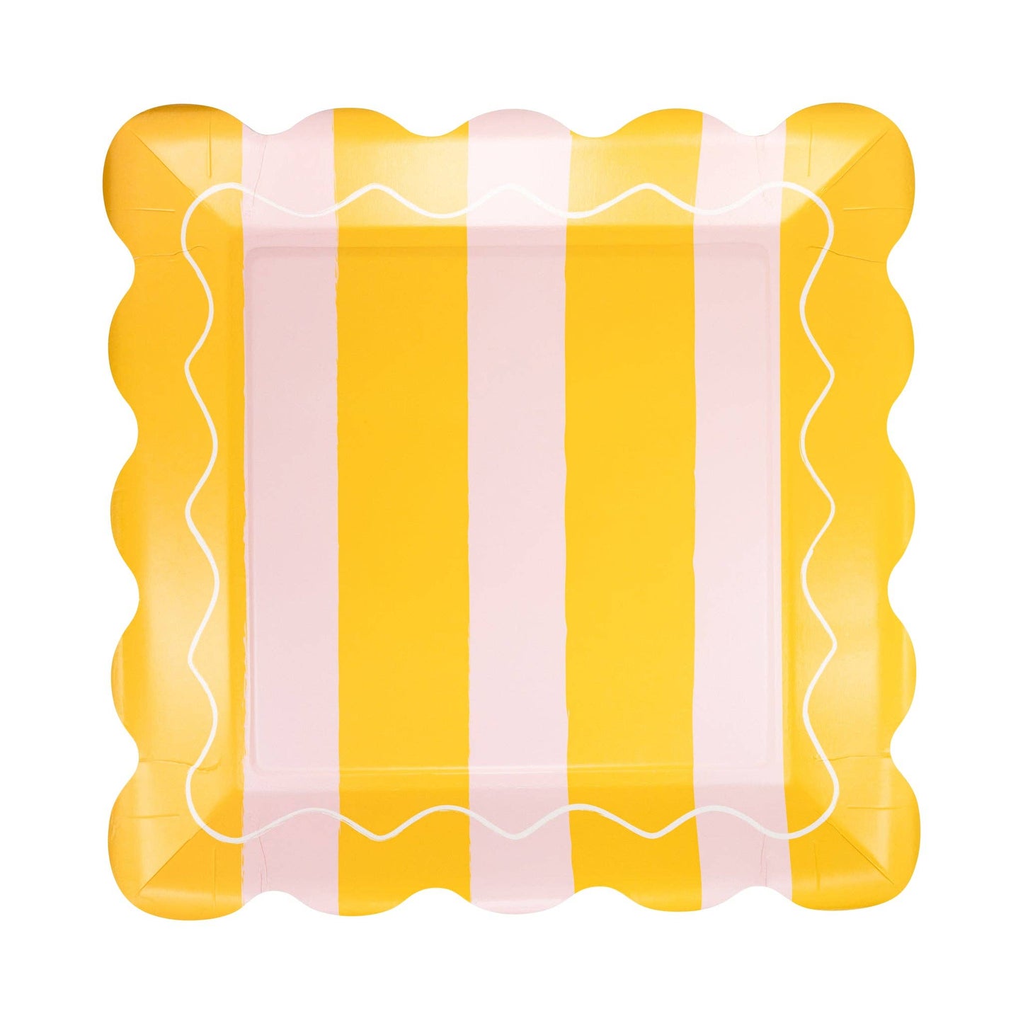 Yellow and pink striped scalloped square paper plate, perfect for summer celebrations and picnics in Toronto.