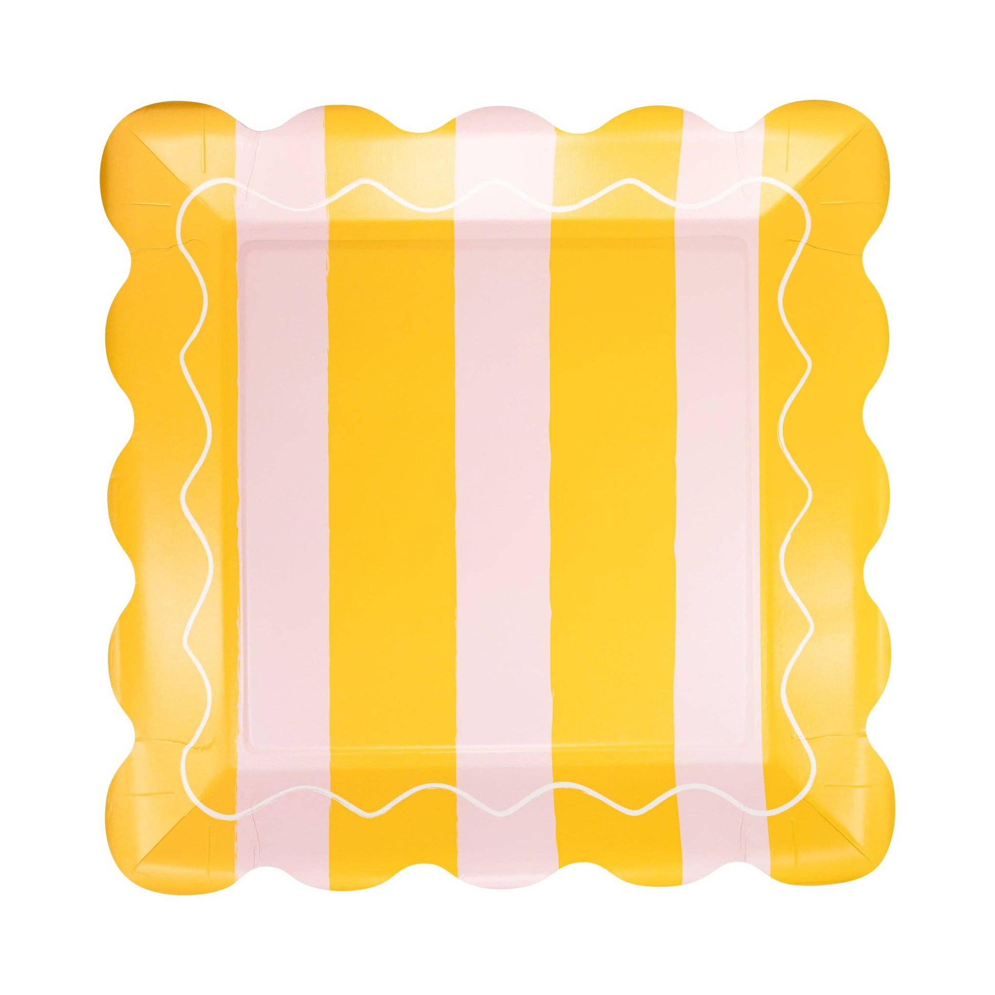 Yellow and pink striped scalloped square paper plate, perfect for summer celebrations and picnics in Toronto.