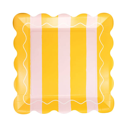 Yellow and pink striped scalloped square paper plate, perfect for summer celebrations and picnics in Toronto.
