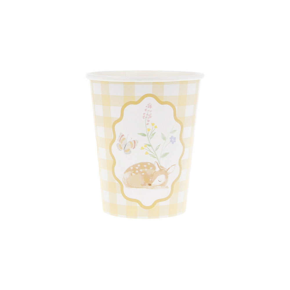 Yellow gingham Meri Meri party cup with deer and butterfly illustration, available at our Toronto party shop