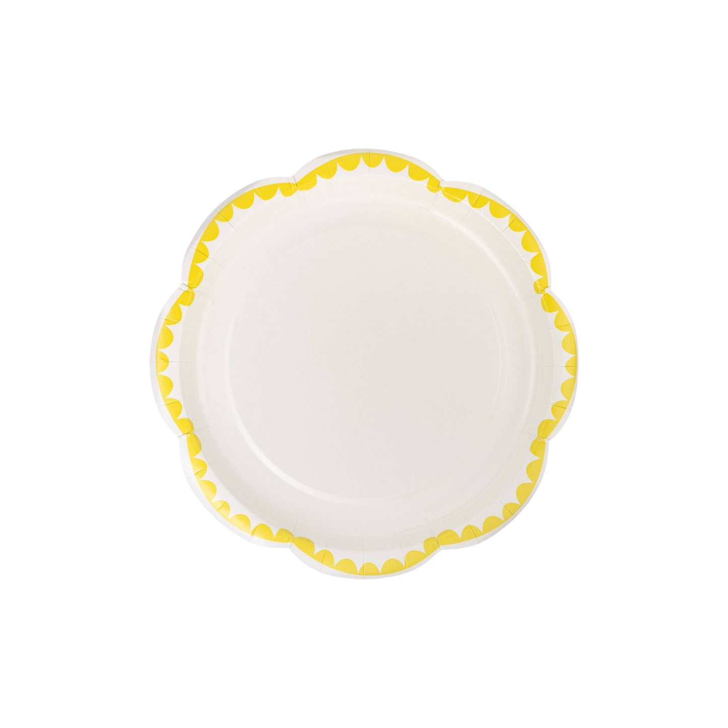 Yellow scalloped paper dessert plate with a bright border, perfect for summer celebrations and picnics in Toronto.