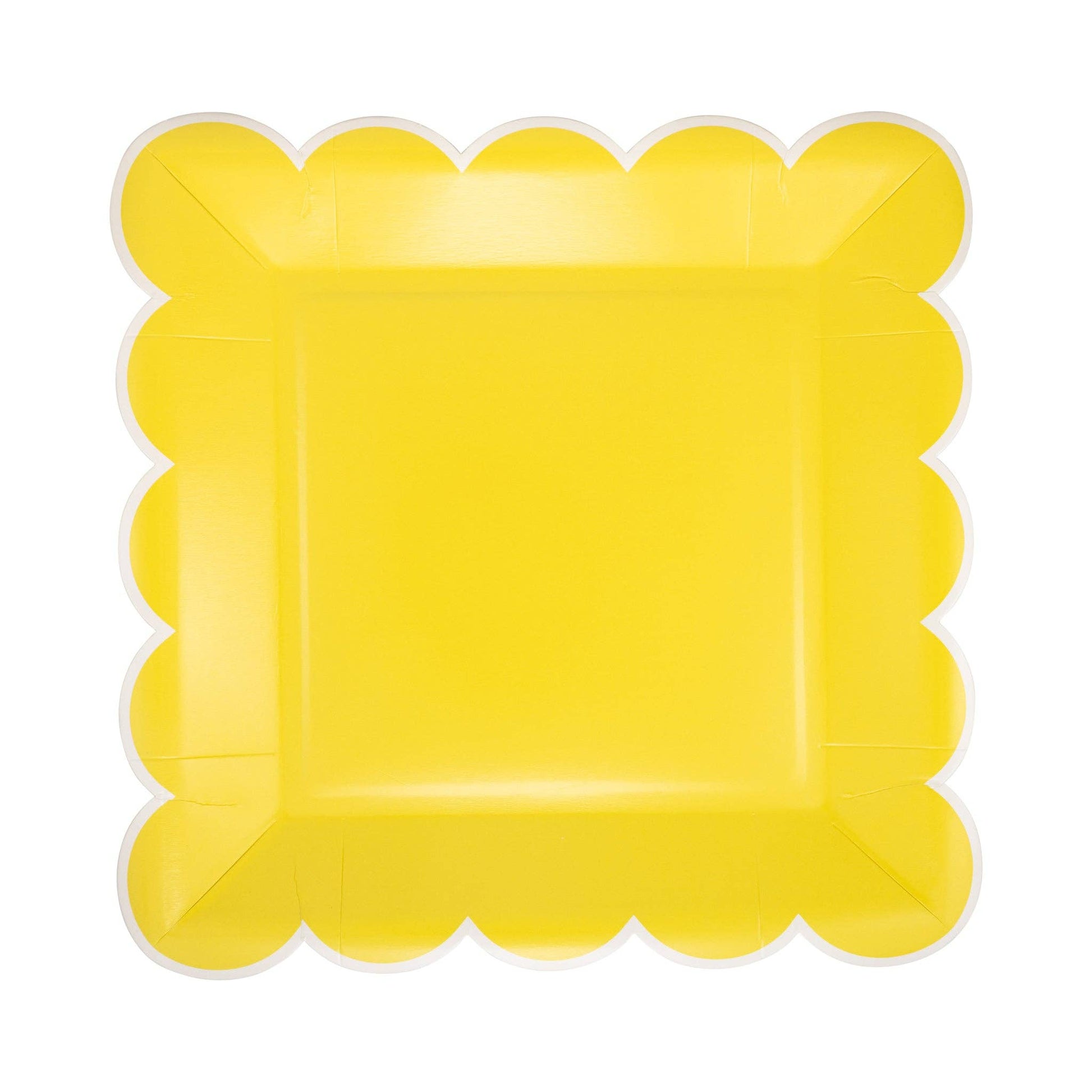 Yellow square paper party plate with scalloped edges and white trim.