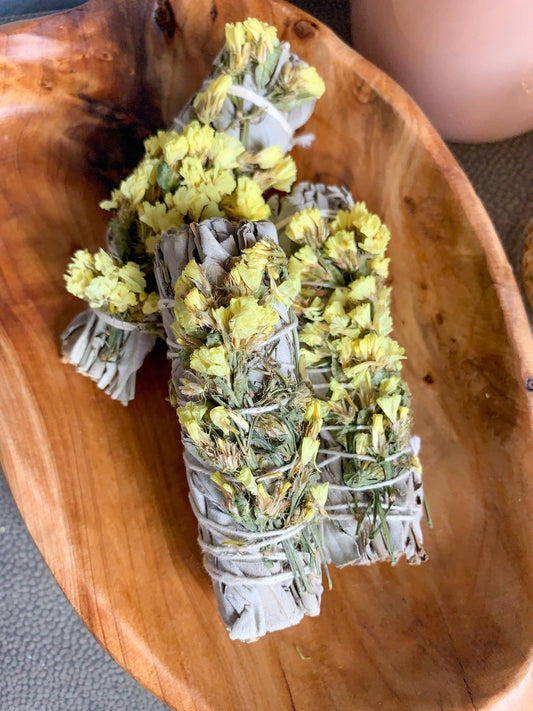 YELLOW STATICE FLOWER WHITE SAGE SMUDGE WAND - sold individually