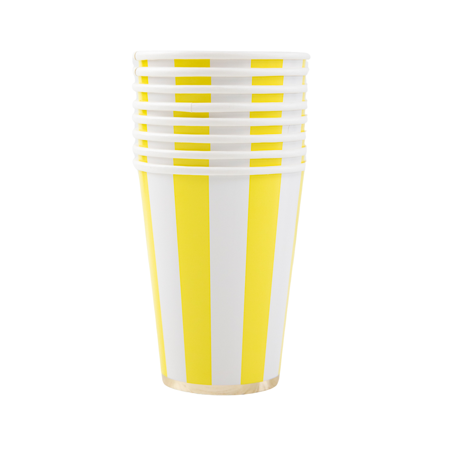 Set of yellow and white striped paper cups on a white background