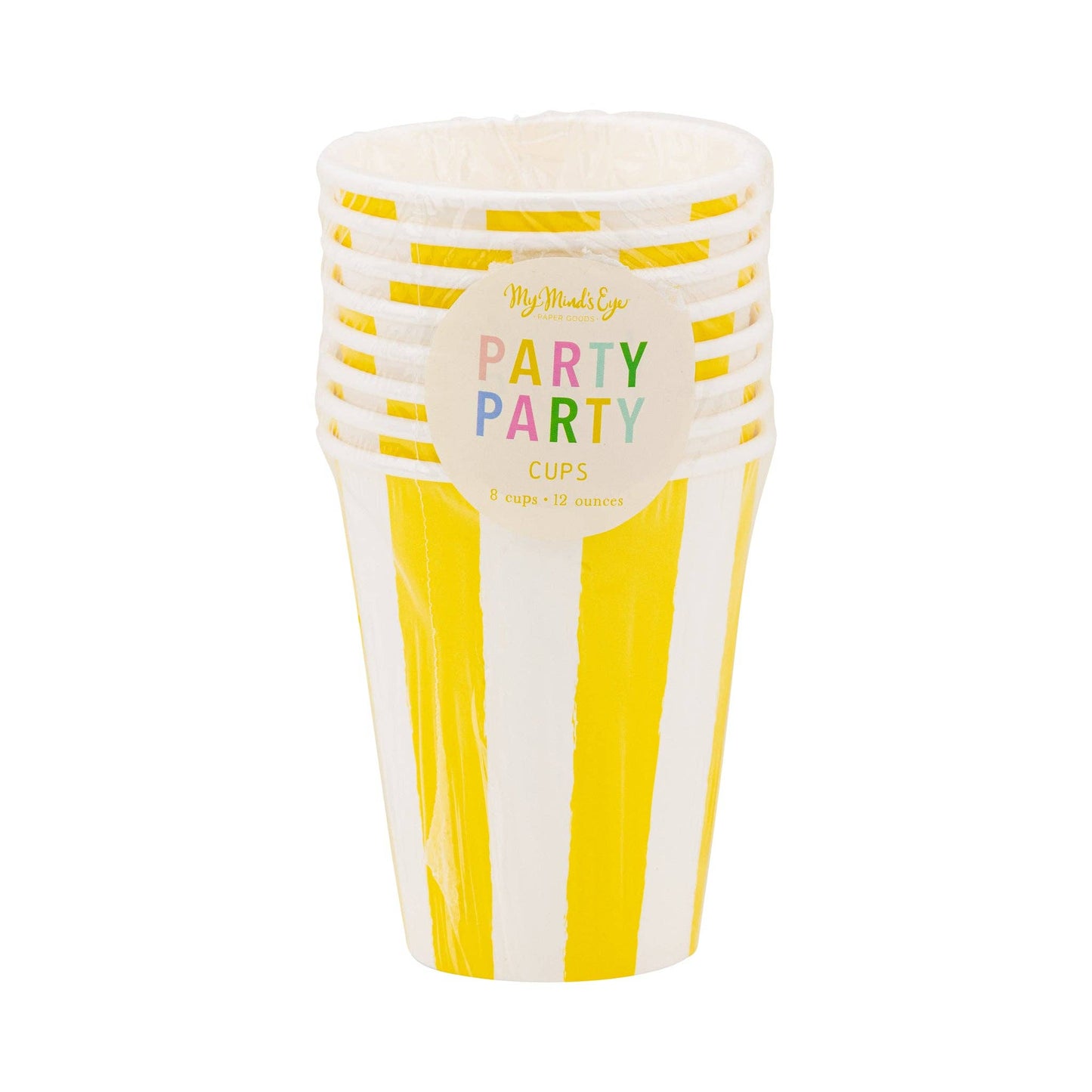 Set of 8 yellow striped paper cups stacked and packaged.