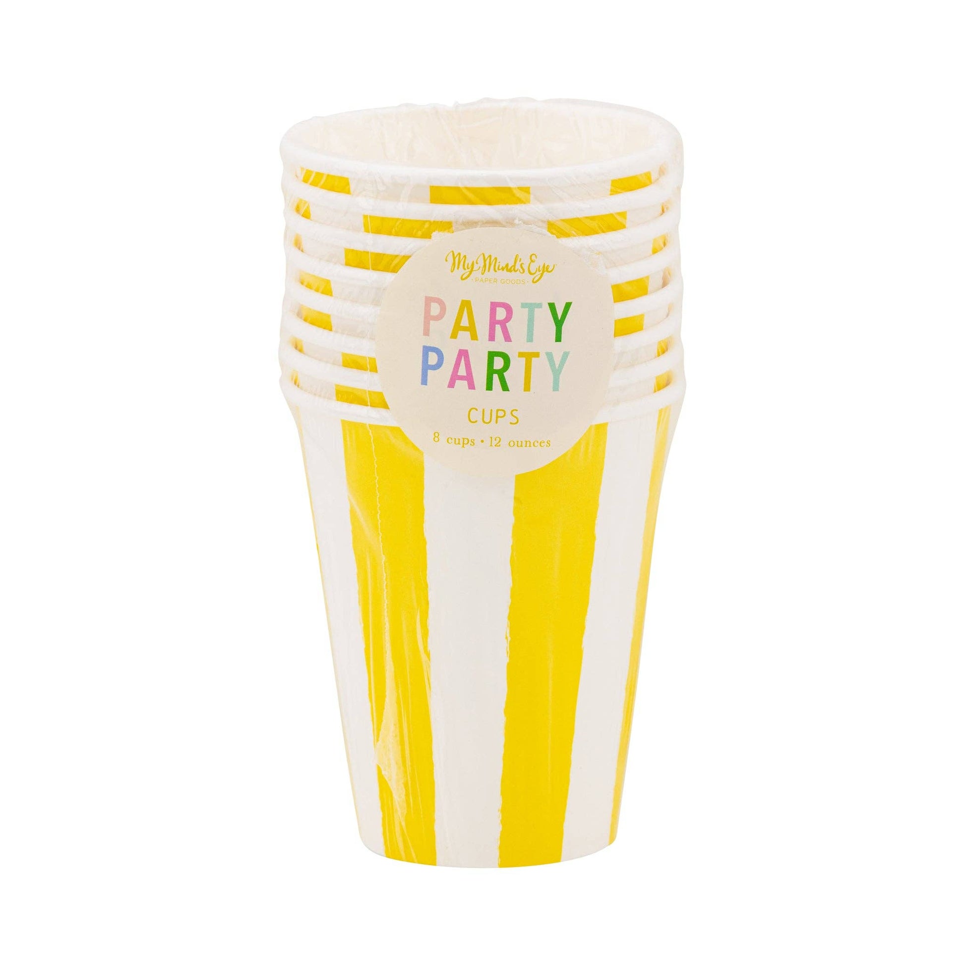 Set of 8 yellow striped paper cups stacked and packaged.