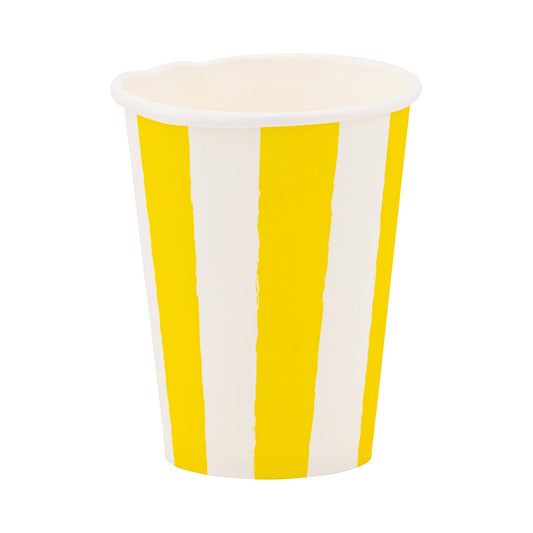 Yellow striped party cup made of paper, ideal for birthdays and summer events, shipping across Canada.